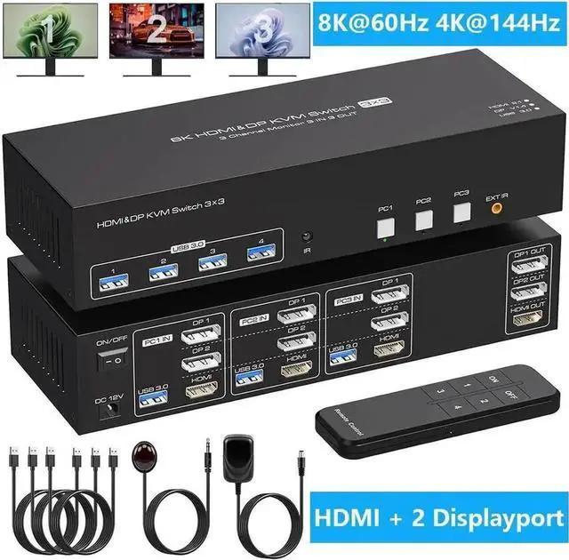 Main image of Vszerda 3-Port Triple Monitor KVM Switch (1HDMI+2DP), 8K@60Hz 4K@144Hz, 4 USB3.0 Ports, 3 USB Cables & 12V DC Adapter Included