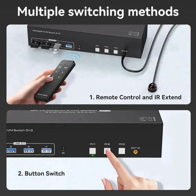 Alt view image 4 of 7 - Vszerda 3-Port Triple Monitor KVM Switch (1HDMI+2DP), 8K@60Hz 4K@144Hz, 4 USB3.0 Ports, 3 USB Cables & 12V DC Adapter Included