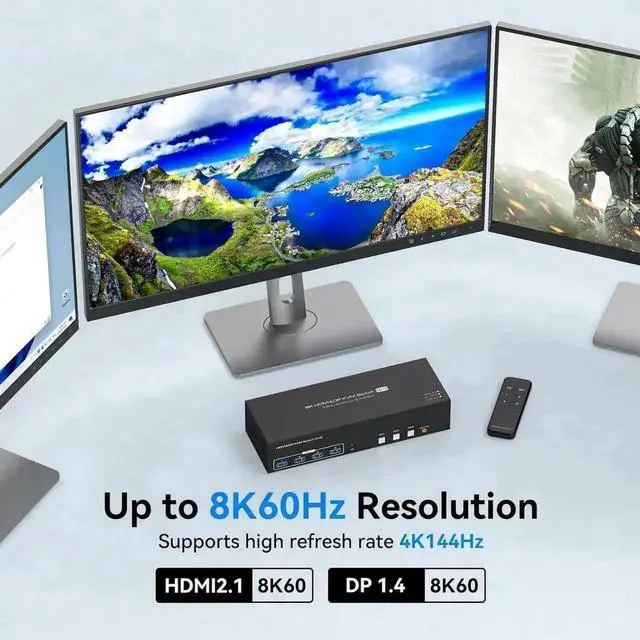 Alt view image 7 of 7 - Vszerda 3-Port Triple Monitor KVM Switch (1HDMI+2DP), 8K@60Hz 4K@144Hz, 4 USB3.0 Ports, 3 USB Cables & 12V DC Adapter Included