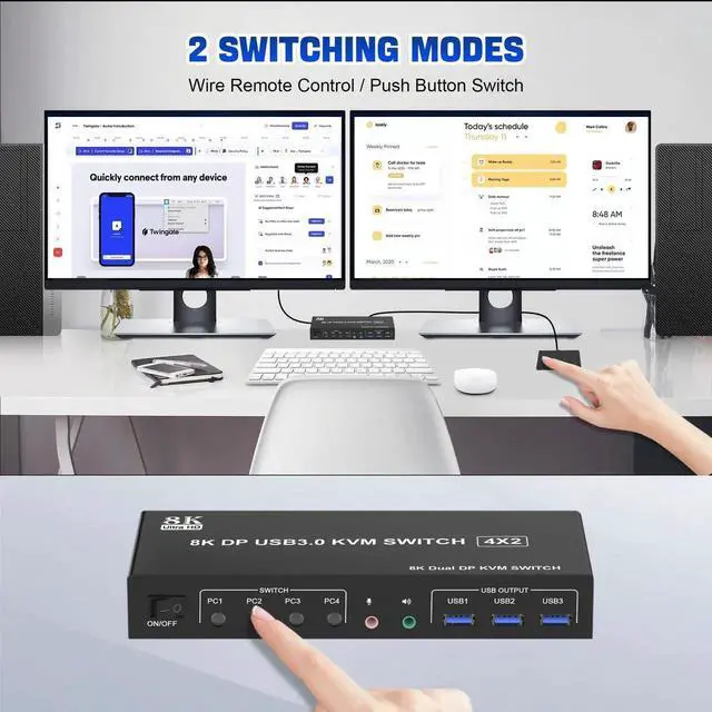 Alt view image 6 of 7 - Vszerda 4-Port Dual Monitor DP USB3.0 KVM Switch 8K@60Hz, 4 PCs Share 2 Displays, Audio Output & 3 USB3.0 Ports