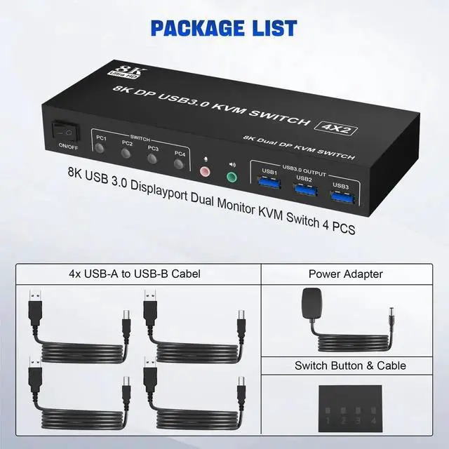 Alt view image 7 of 7 - Vszerda 4-Port Dual Monitor DP USB3.0 KVM Switch 8K@60Hz, 4 PCs Share 2 Displays, Audio Output & 3 USB3.0 Ports
