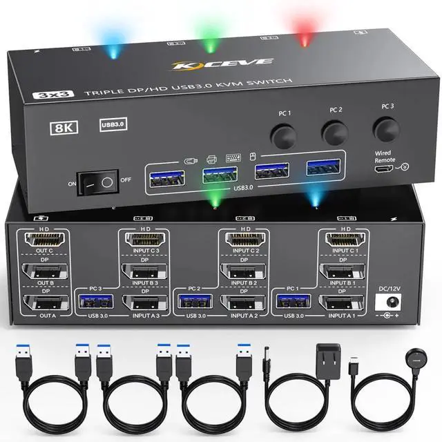 Main image of Vszerda 3-In-3-Out Triple Monitor HDMI+DP KVM Switch 8K@30Hz 4K@144Hz, USB 3.0 KVM Switcher for 3 PCs Share 3 Displays & 4 USB 3.0 Peripherals