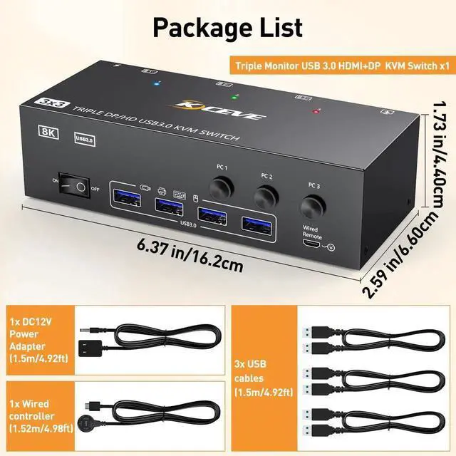 Alt view image 6 of 7 - Vszerda 3-In-3-Out Triple Monitor HDMI+DP KVM Switch 8K@30Hz 4K@144Hz, USB 3.0 KVM Switcher for 3 PCs Share 3 Displays & 4 USB 3.0 Peripherals