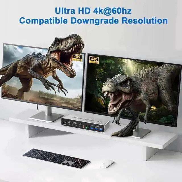Alt view image 5 of 7 - Vszerda 4 Port Dual HDMI KVM Switch 4 In 2 Out, USB3.0 4K@60Hz Dual Monitor KVM Switcher with EDID Emulation, Audio Mic & 3 USB 3.0 Ports for 4 PCs Share Two Displays