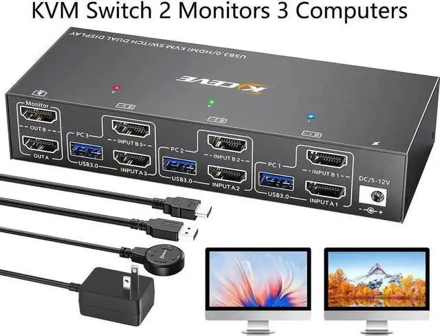 Main image of Vszerda 3 Port Dual HDMI USB 3.0 KVM Switch 4K@60Hz, Dual Monitor KVM Switcher with 4 USB Ports, Wired Remote, Power Adapter & USB3.0 Cables for 3 PCs Share 2 Displays
