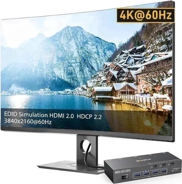 Alt view image 7 of 7 - Vszerda 3 Port Dual HDMI USB 3.0 KVM Switch 4K@60Hz, Dual Monitor KVM Switcher with 4 USB Ports, Wired Remote, Power Adapter & USB3.0 Cables for 3 PCs Share 2 Displays