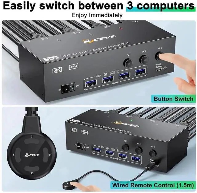 Alt view image 3 of 7 - Vszerda 3-Port Triple Monitor KVM Switch (1HDMI+2DP), 8K@60Hz, 4 USB3.0 Ports, Wired Remote & 12V Power Adapter Included