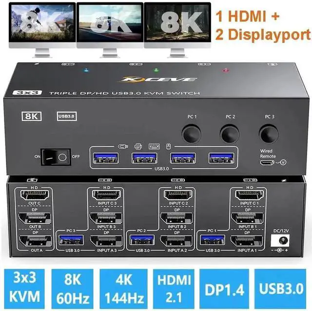 Main image of Vszerda 3-Port Triple Monitor KVM Switch (1HDMI+2DP), 8K@60Hz, 4 USB3.0 Ports, Wired Remote & 12V Power Adapter Included