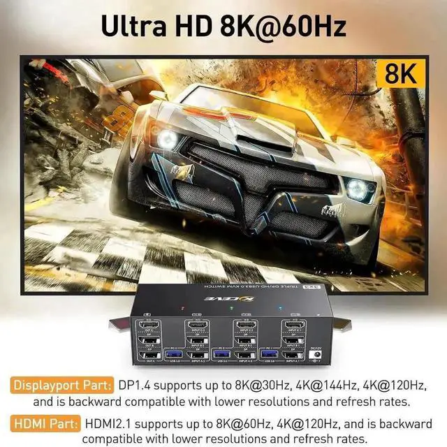 Alt view image 7 of 7 - Vszerda 3-Port Triple Monitor KVM Switch (1HDMI+2DP), 8K@60Hz, 4 USB3.0 Ports, Wired Remote & 12V Power Adapter Included