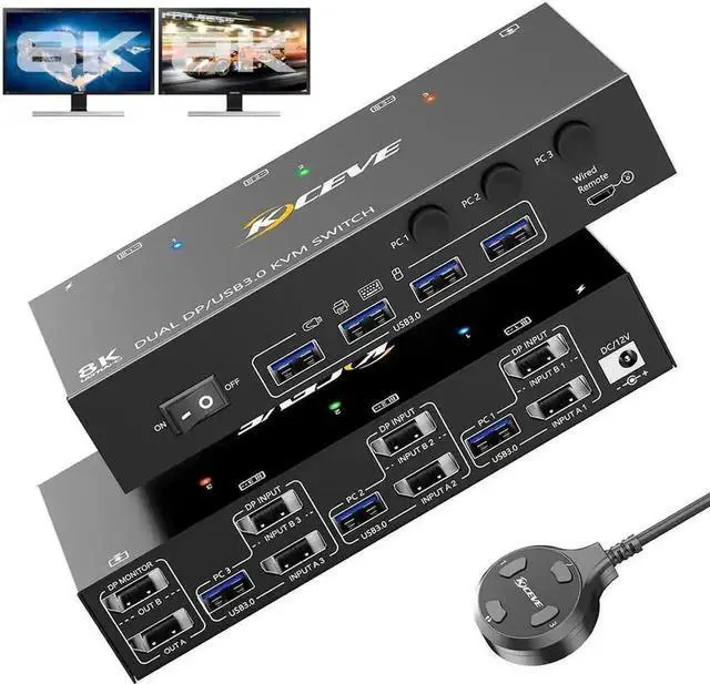 Main image of Vszerda 3-Port Dual DP KVM Switch 8K@60Hz, USB3.0, Wired Remote Included