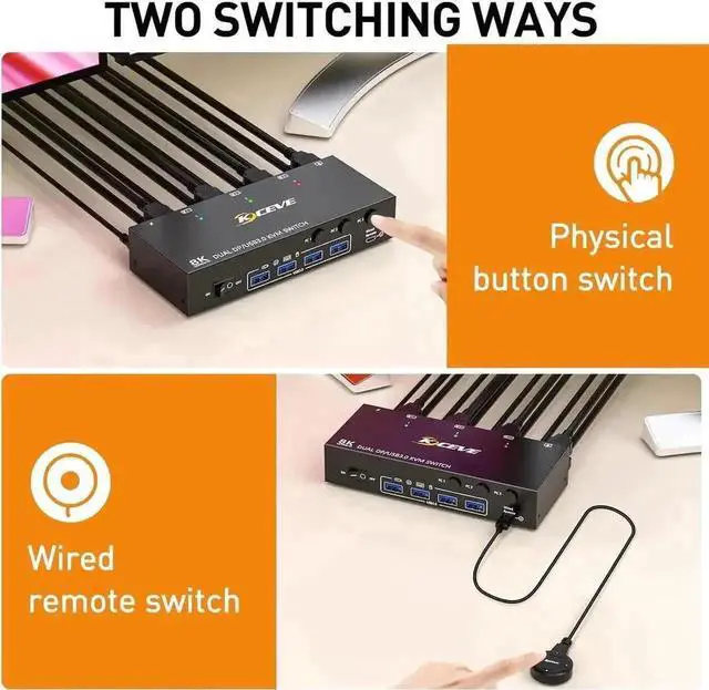 Alt view image 4 of 7 - Vszerda 3-Port Dual DP KVM Switch 8K@60Hz, USB3.0, Wired Remote Included