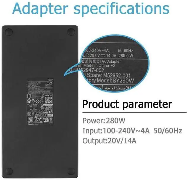 Alt view image 2 of 4 - Vszerda 280W 20V 14A AC Charger 7.4×5.0mm Tip for HP Thunderbolt Dock G4, Z2 Mini G5 G9 Workstation, Fits PN M52952-001 M52947-003 M52947-002 TPN-DA25 TPN-CA25 L00458-002 TPC-CA61