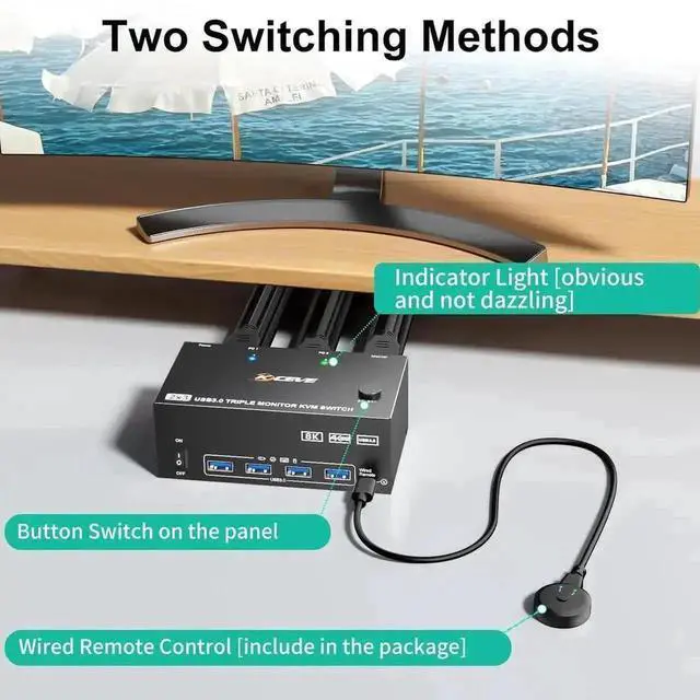 Alt view image 3 of 7 - Vszerda 2 Port Triple Monitor HDMI+DP KVM Switch, 8K@60Hz 4K@144Hz USB3.0 KVM Switcher with 4 USB 3.0 Ports, Wired Remote & 12V Power Adapter for 2 PCs Share 3 Displays