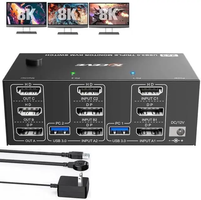 Main image of Vszerda 2 Port Triple Monitor HDMI+DP KVM Switch, 8K@60Hz 4K@144Hz USB3.0 KVM Switcher with 4 USB 3.0 Ports, Wired Remote & 12V Power Adapter for 2 PCs Share 3 Displays