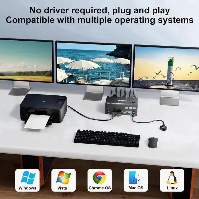 Alt view image 4 of 7 - Vszerda 2 Port Triple Monitor HDMI+DP KVM Switch, 8K@60Hz 4K@144Hz USB3.0 KVM Switcher with 4 USB 3.0 Ports, Wired Remote & 12V Power Adapter for 2 PCs Share 3 Displays