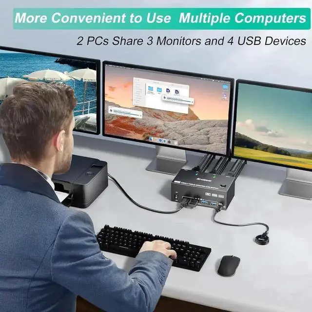 Alt view image 7 of 7 - Vszerda 2 Port Triple Monitor HDMI+DP KVM Switch, 8K@60Hz 4K@144Hz USB3.0 KVM Switcher with 4 USB 3.0 Ports, Wired Remote & 12V Power Adapter for 2 PCs Share 3 Displays