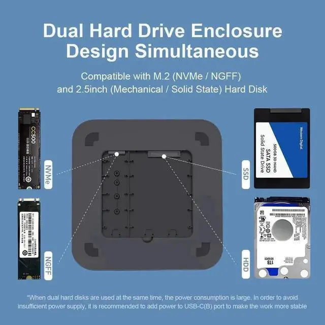 Alt view image 2 of 7 - Hagibis MC25 Pro DP USB-C Docking Station with Dual Hard Drive Enclosure, 4K 60Hz DP1.4 Type-C Hub for Mac Mini M2, Mac Studio M1 Max/M1 Ultra, Supports M.2 NVMe NGFF & 2.5" SATA HDD/SSD, 10Gbps USB3.