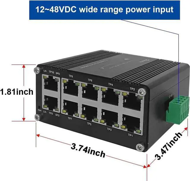 Alt view image 6 of 7 - Vszerda 10 Port Industrial Hardened Gigabit Ethernet Switch, Compact 10/100/1000BASE-T RJ45 Network Switch with Auto-MDI/MDI-X, 12-48VDC Wide Voltage Power Input, Supports Half/Full Duplex