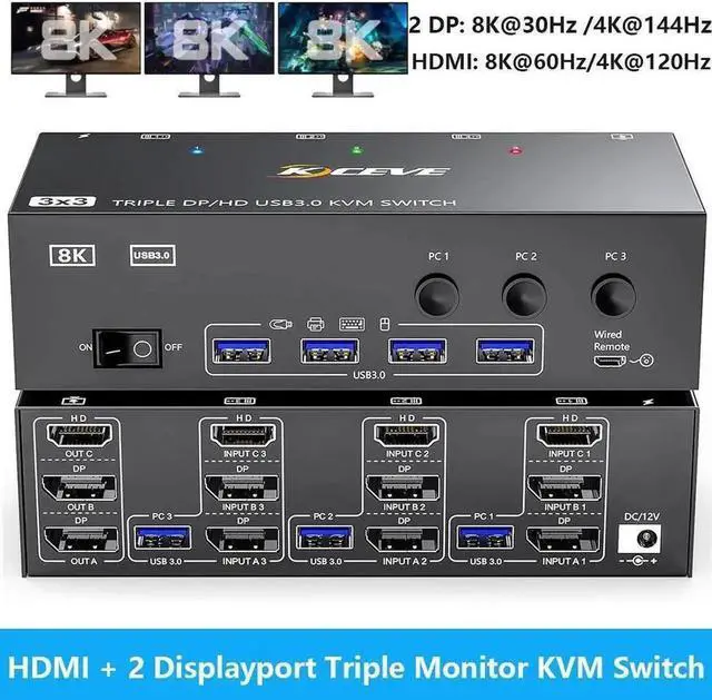 Main image of 3 Port Triple Monitor KVM Switch (1HDMI+2DP), 8K@60Hz USB3.0 KVM Switcher with 4 USB3.0 Ports, Wired Remote, USB Cables & Power Adapter Included for 3 PCs Share 3 Displays Keyboard Mouse Printer