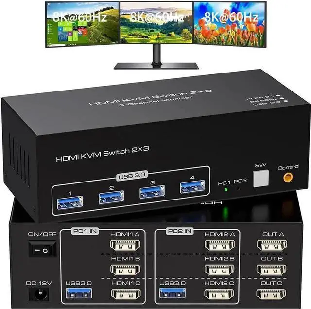 Main image of Vszerda 2 Port Triple Monitor HDMI KVM Switch, 8K@60Hz 4K@120Hz USB3.0 KVM Switcher with Wired Controller for 2 PCs Share 3 Monitors Keyboard Mouse Peripherals