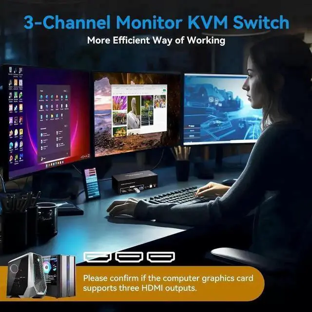 Alt view image 3 of 7 - Vszerda 2 Port Triple Monitor HDMI KVM Switch, 8K@60Hz 4K@120Hz USB3.0 KVM Switcher with Wired Controller for 2 PCs Share 3 Monitors Keyboard Mouse Peripherals