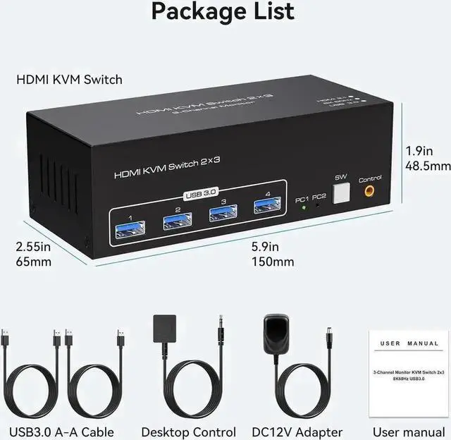 Alt view image 6 of 7 - Vszerda 2 Port Triple Monitor HDMI KVM Switch, 8K@60Hz 4K@120Hz USB3.0 KVM Switcher with Wired Controller for 2 PCs Share 3 Monitors Keyboard Mouse Peripherals