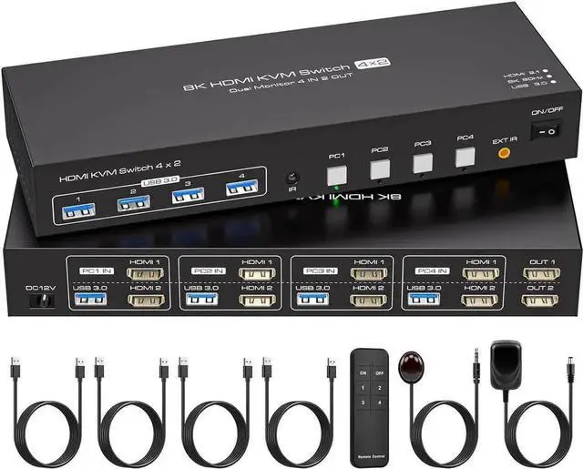 Main image of Vszerda 4 Port Dual HDMI KVM Switch, 8K@60Hz 4K@120Hz USB3.0 KVM Switcher with Remote & Power Adapter for 4 PCs Share 2 Monitors & 4 USB 3.0 Devices, Support Mirror & Extend Display