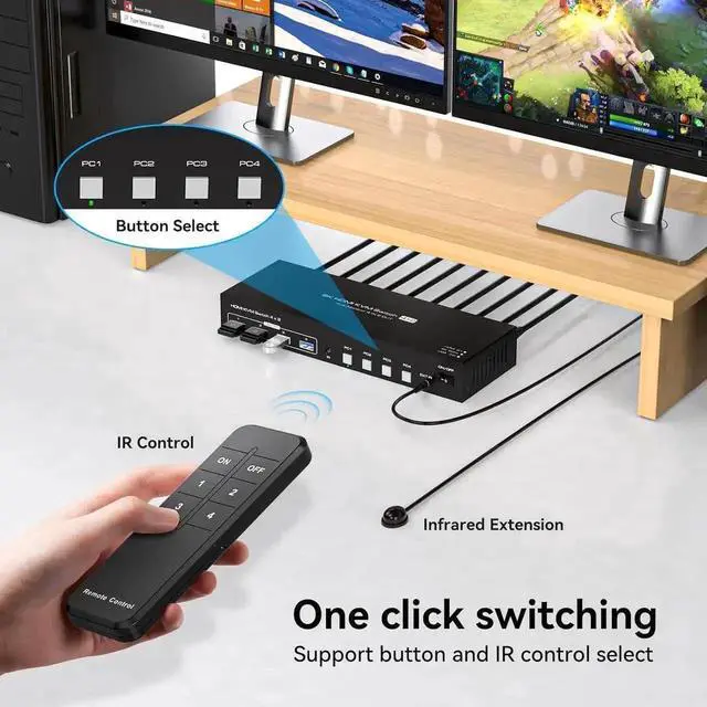 Alt view image 5 of 7 - Vszerda 4 Port Dual HDMI KVM Switch, 8K@60Hz 4K@120Hz USB3.0 KVM Switcher with Remote & Power Adapter for 4 PCs Share 2 Monitors & 4 USB 3.0 Devices, Support Mirror & Extend Display