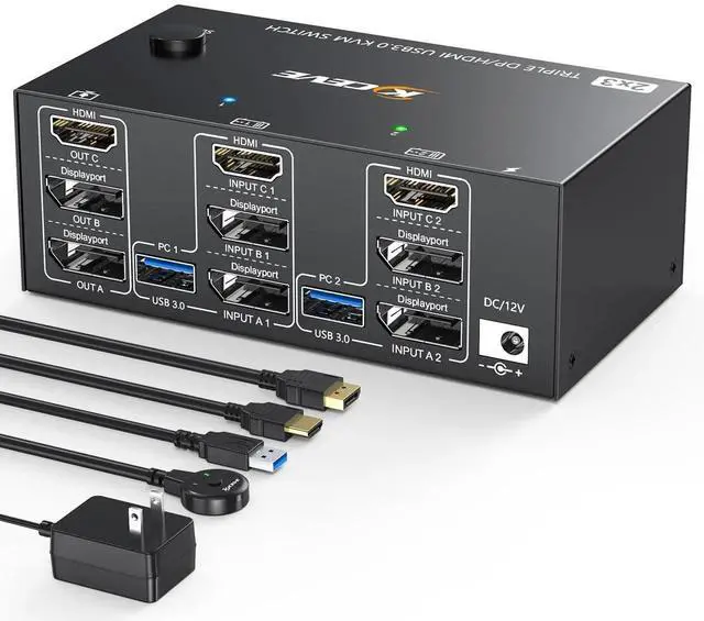 Main image of Vszerda 2 Port Triple Monitor HDMI+DP KVM Switch, 8K@30Hz 4K@144Hz USB3.0 KVM Switcher with Wired Remote, 4 USB 3.0 Ports for 2 PCs Share 3 Displays