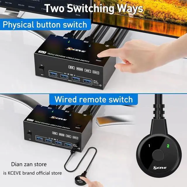 Alt view image 2 of 7 - Vszerda 2 Port Triple Monitor HDMI+DP KVM Switch, 8K@30Hz 4K@144Hz USB3.0 KVM Switcher with Wired Remote, 4 USB 3.0 Ports for 2 PCs Share 3 Displays