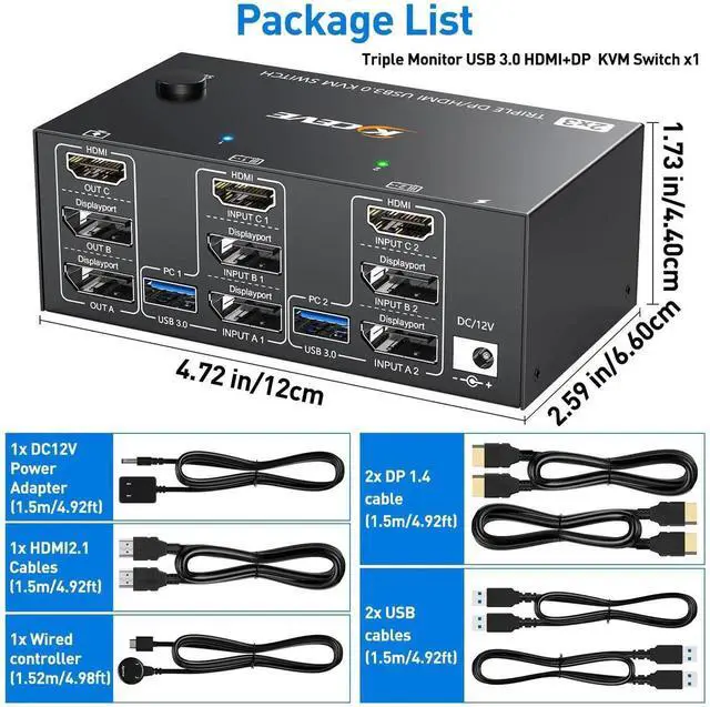 Alt view image 4 of 7 - Vszerda 2 Port Triple Monitor HDMI+DP KVM Switch, 8K@30Hz 4K@144Hz USB3.0 KVM Switcher with Wired Remote, 4 USB 3.0 Ports for 2 PCs Share 3 Displays