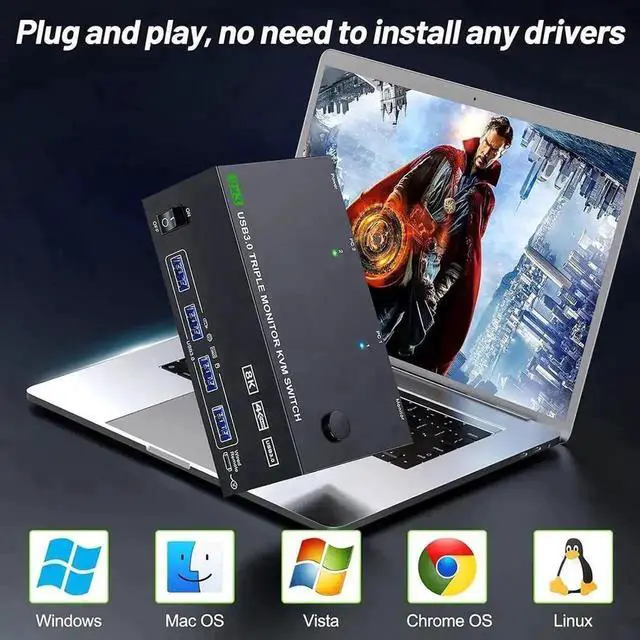 Alt view image 2 of 7 - Vszerda 2 Port Triple Monitor KVM Switch (1HDMI+2DP), 8K@60Hz 4K@144Hz USB3.0 KVM Switcher with 4 USB 3.0 Ports, Wired Remote & Power Adapter for 2 PCs Share 3 Displays Keyboard Mouse