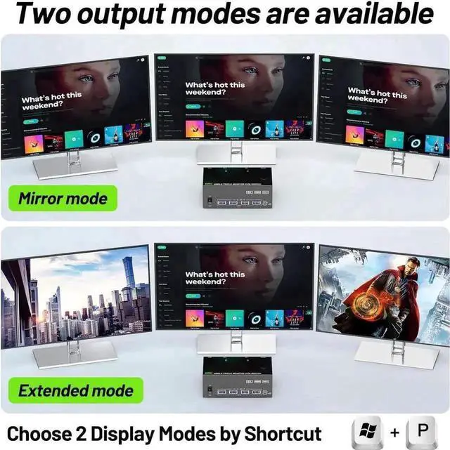 Alt view image 7 of 7 - Vszerda 2 Port Triple Monitor KVM Switch (1HDMI+2DP), 8K@60Hz 4K@144Hz USB3.0 KVM Switcher with 4 USB 3.0 Ports, Wired Remote & Power Adapter for 2 PCs Share 3 Displays Keyboard Mouse