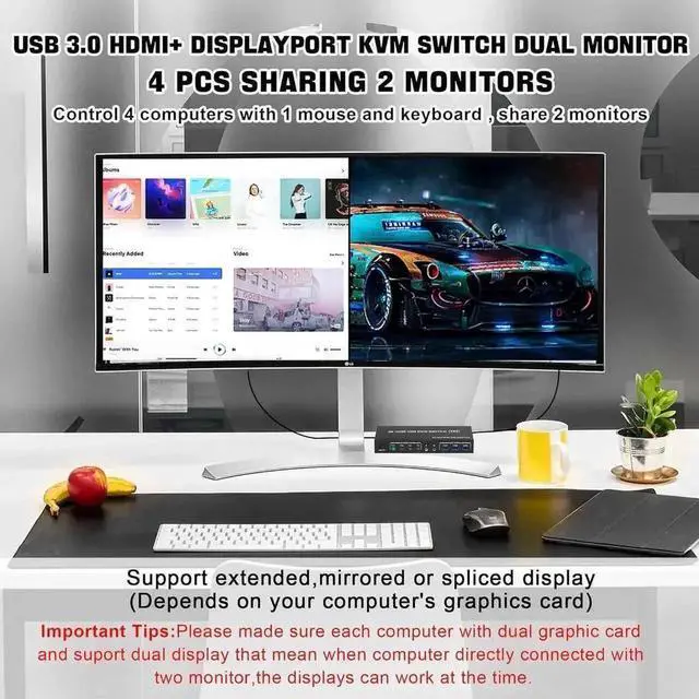 Alt view image 7 of 7 - Vszerda 4-Port Hybrid DP+HDMI Dual Monitor USB3.0 KVM Switch 4K@60Hz, 4 PCs Share 2 Displays, Built-in Audio, Mic & 3 USB3.0 Ports