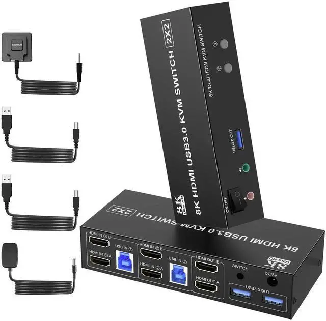 Main image of Vszerda 2 Port Dual Monitor HDMI KVM Switch, 8K@60Hz USB3.0 KVM Switcher with Audio & Mic for 2 PCs Share 2 Monitors Keyboard Mouse