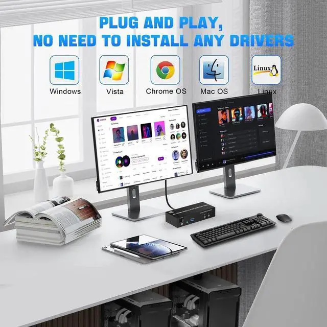 Alt view image 7 of 7 - Vszerda 2 Port Dual Monitor HDMI KVM Switch, 8K@60Hz USB3.0 KVM Switcher with Audio & Mic for 2 PCs Share 2 Monitors Keyboard Mouse