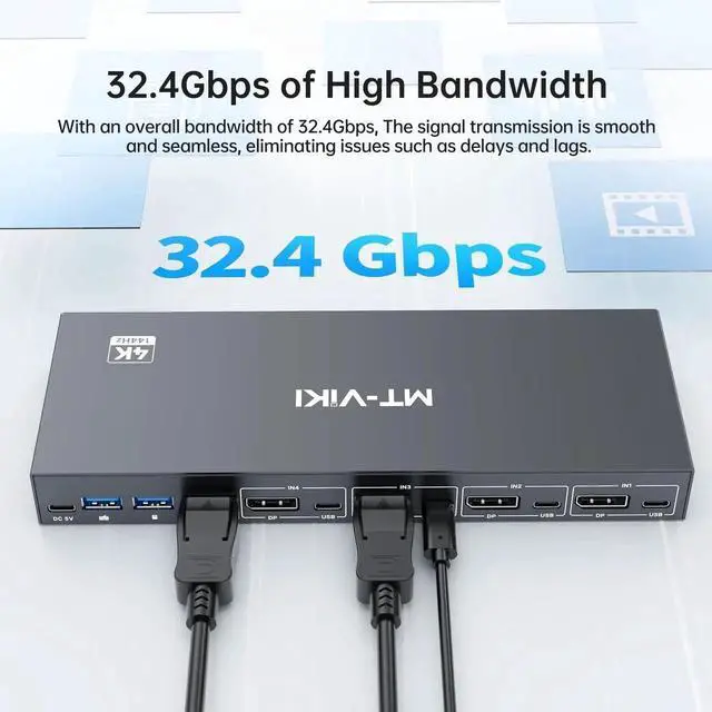 Alt view image 6 of 7 - Vszerda MT-VIKI 4-Port DP1.4 KVM Switch 4 In 1 Out, 8K@60Hz 4K@144Hz, 4 USB3.0 Ports, 4 USB A to C Cables Included