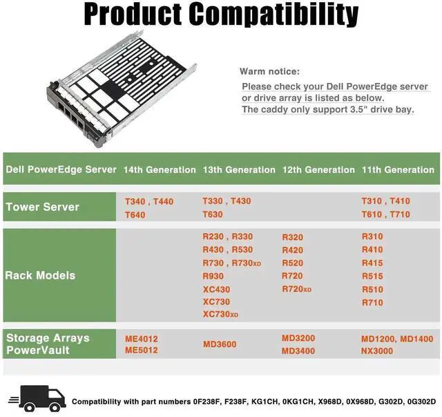 Alt view image 3 of 7 - Vszerda 10 Pack 3.5" LFF SAS SATA Hard Drive Tray Caddy PN F238F 0F238F Hot Swap Carrier Compatible with Dell PowerEdge 11G 12G 13G 14G T340 T440 T640 R530 R730 R930 R520 R720 R720XD Server