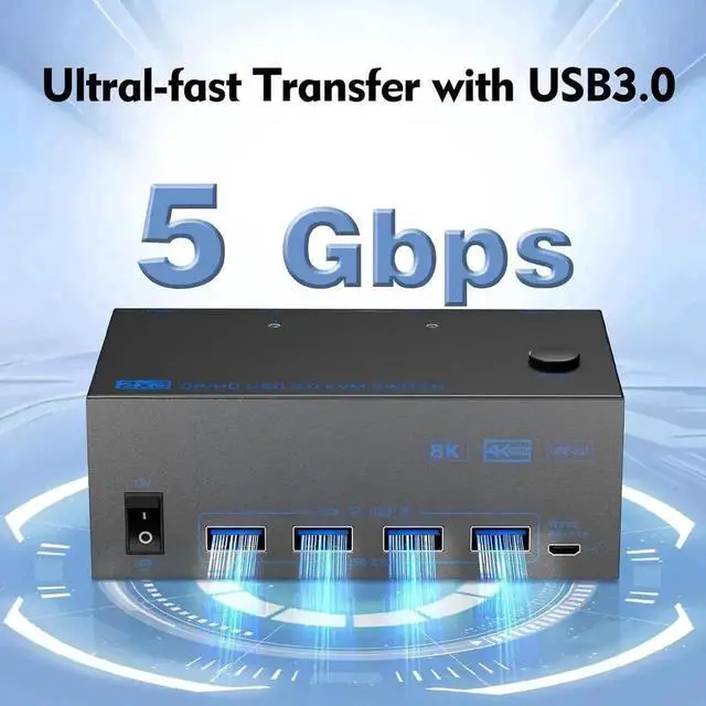 Alt view image 2 of 7 - Vszerda 2 Port Triple Monitor KVM Switch (1HDMI+2DP), 8K@60Hz USB3.0 KVM Switcher with 4 USB Ports, 2 USB Cables, Power Adapter & Wired Controller for 2 PCs Share 3 Displays