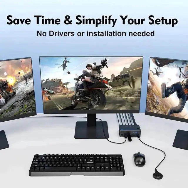 Alt view image 7 of 7 - Vszerda 2 Port Triple Monitor KVM Switch (1HDMI+2DP), 8K@60Hz USB3.0 KVM Switcher with 4 USB Ports, 2 USB Cables, Power Adapter & Wired Controller for 2 PCs Share 3 Displays
