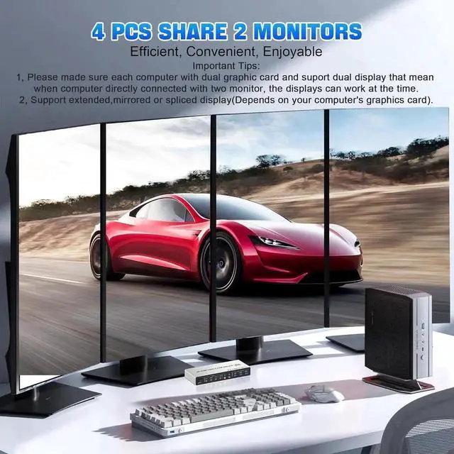 Alt view image 3 of 7 - Vszerda 4 In 2 Out Dual Monitor HDMI KVM Switch 4K@60Hz USB 3.0, EDID Emulator, Audio & Mic Jack, 3 USB 3.0 Ports for 4 PCs Share 2 Displays
