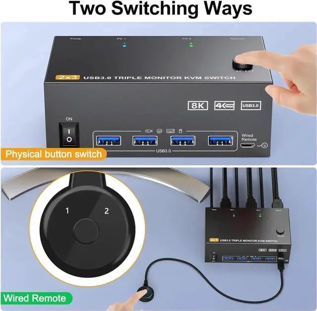Alt view image 3 of 7 - Vszerda 2 In 3 Out Triple Monitor 2HDMI+DP Hybrid KVM Switch 8K@60Hz 4K@144Hz USB 3.0, Support Extended Display, Wired Controller & USB 3.0 Cables Included for 2 PCs Share 3 Displays