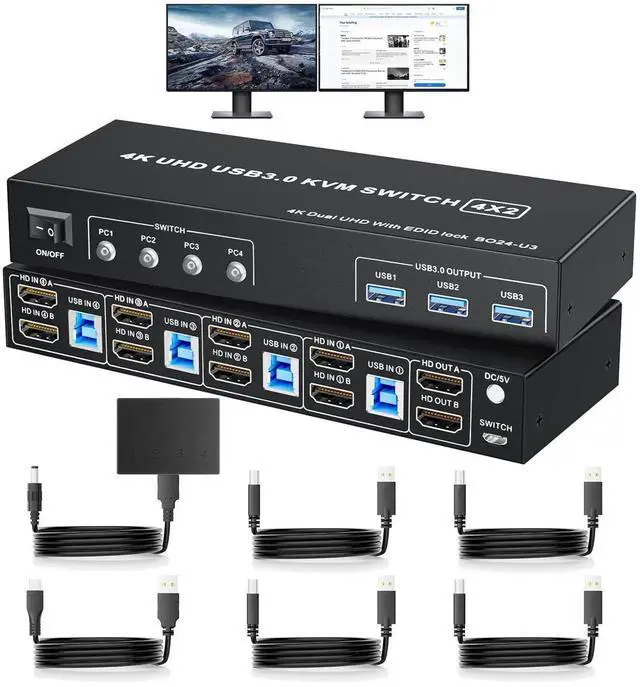 Main image of Vszerda 4-Port Dual HDMI KVM Switch, 4K@60Hz, 3 USB3.0 Ports, Button Controller & 4 USB Cables Included