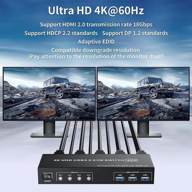 Alt view image 7 of 7 - Vszerda 4-Port Dual HDMI KVM Switch, 4K@60Hz, 3 USB3.0 Ports, Button Controller & 4 USB Cables Included