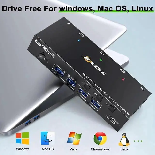 Alt view image 7 of 7 - Vszerda 3 Port Dual HDMI USB 3.0 KVM Switch 3 In 2 Out, 4K@60Hz 2K@144Hz KVM Switcher with EDID Emulation, 4 USB3.0 Ports for 3 PCs Share 2 Monitors Keyboard Mouse Printer