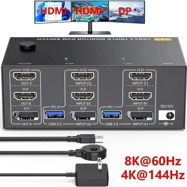 Main image of Vszerda 2 Port Triple Monitor 2HDMI+DP KVM Switch 2 In 3 Out, 8K@60Hz 4K@144Hz USB3.0 KVM Switcher with USB3.0 Cables & Wired Remote Controller for 2 PCs Share 3 Extended Displays