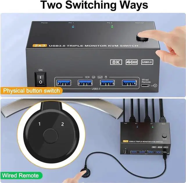 Alt view image 2 of 7 - Vszerda 2 Port Triple Monitor 2HDMI+DP KVM Switch 2 In 3 Out, 8K@60Hz 4K@144Hz USB3.0 KVM Switcher with USB3.0 Cables & Wired Remote Controller for 2 PCs Share 3 Extended Displays