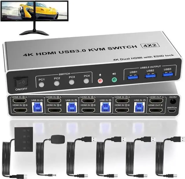 Main image of Vszerda 4 Port 4-In-2-Out Dual Monitor HDMI USB3.0 KVM Switch 4K@60Hz, EDID Emulation, Audio & Mic, 3 USB3.0 Ports for 4 PCs 2 Monitors