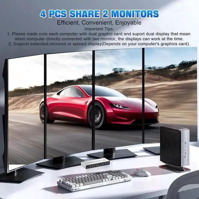 Alt view image 4 of 7 - Vszerda 4 Port 4-In-2-Out Dual Monitor HDMI USB3.0 KVM Switch 4K@60Hz, EDID Emulation, Audio & Mic, 3 USB3.0 Ports for 4 PCs 2 Monitors