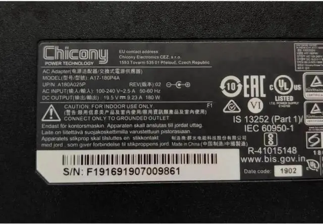 Alt view image 2 of 2 - Vszerda Chicony 180W AC Adapter 19.5V 9.23A A17-180P4A, Replacement Charger for CLEVO P950HR N850HP6 MSI GS63VR GE72VR GS65 A15-180P1A